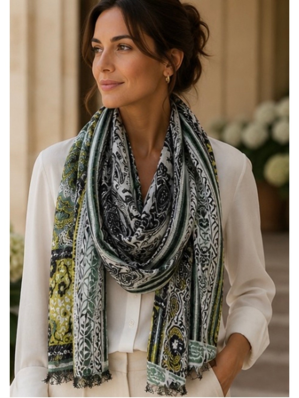 Women's Etro 100% Linen Scarf One Size Green Black Paisley Print New Boho
